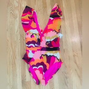 Trina Turk Fan Faire Ruffle Womens Ruffled Nylon One-Piece Swimsuit Sz 6